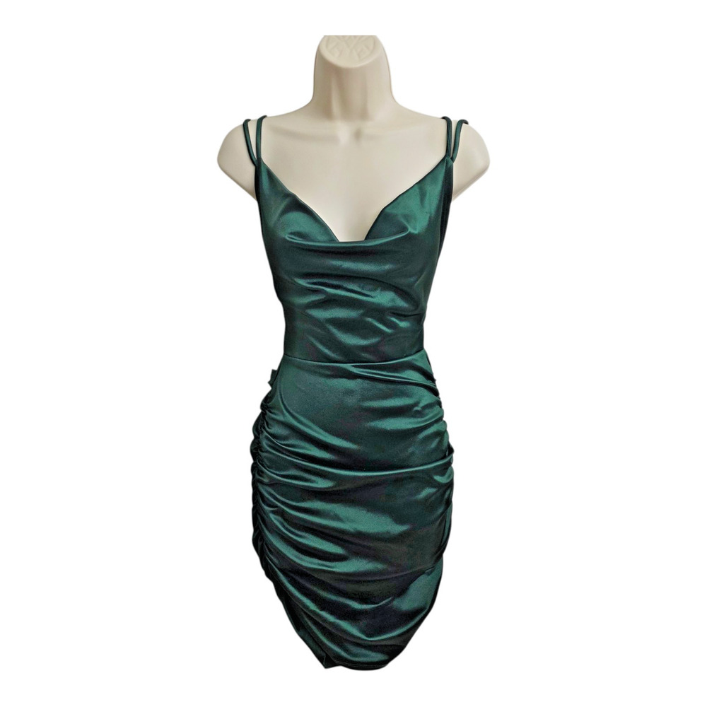 Windsor Green Satin Ruched Mini Dress Size S Back Tie Cowl Neck